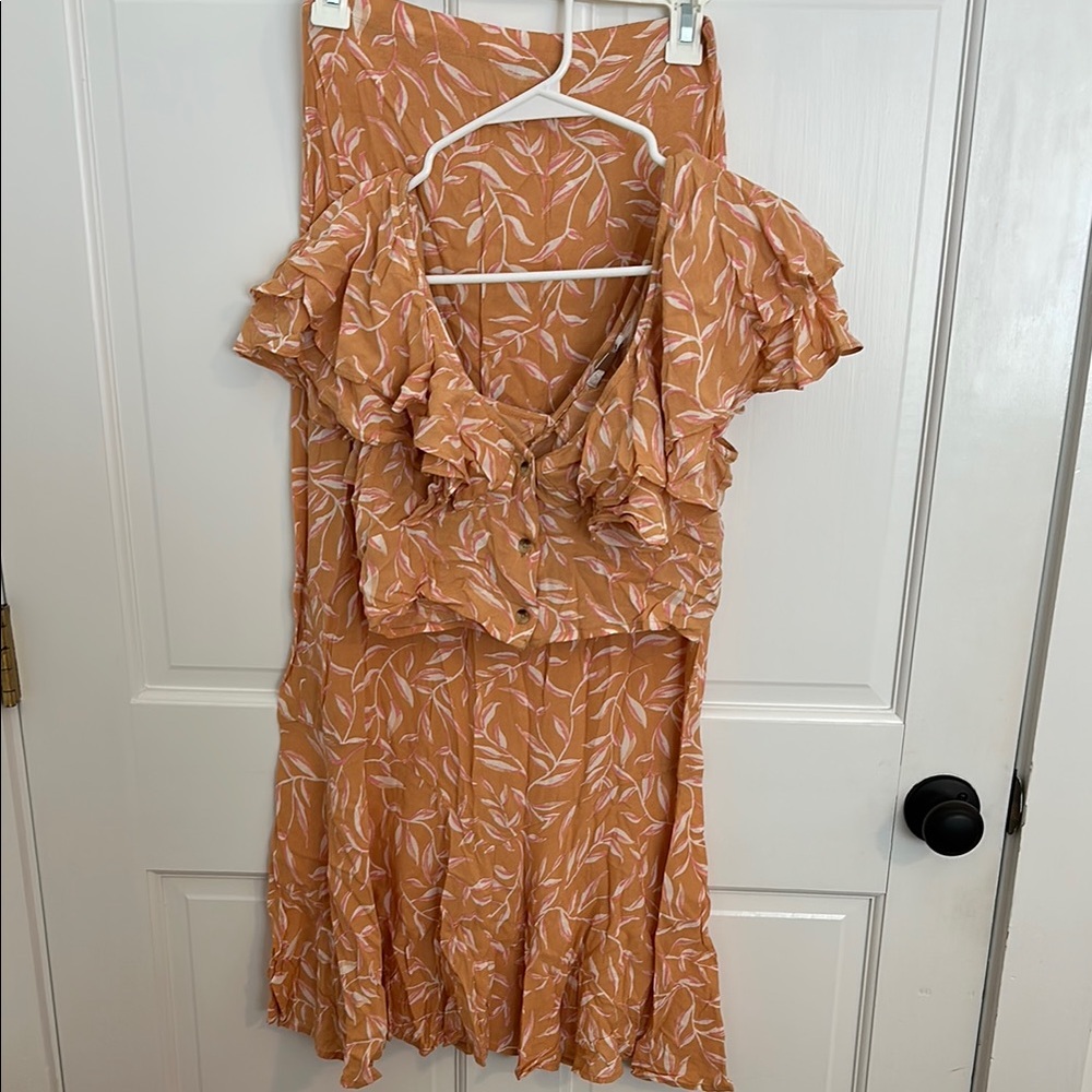 Floral Ruffle Sleeve Two Piece Dress in Orange